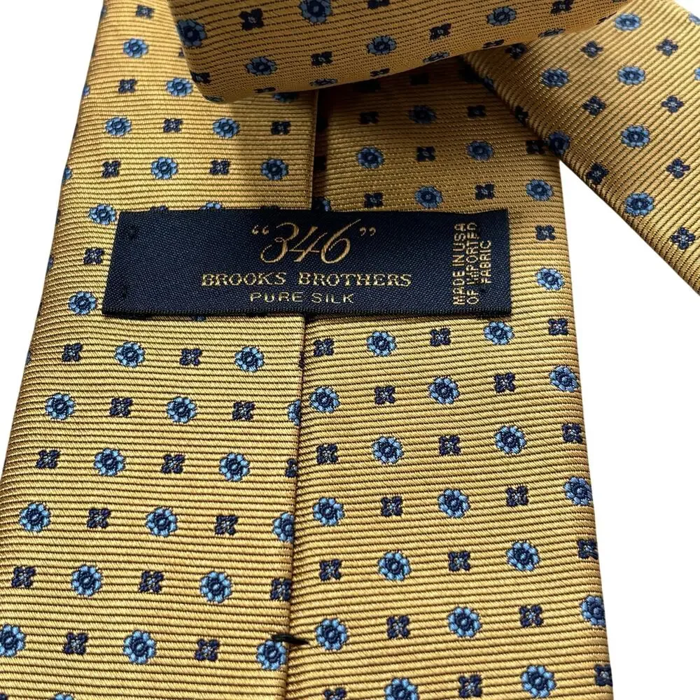 Vintage Brooks Brothers 346 Pure Silk Tie Yellow w/ Blue Micro Floral Pattern